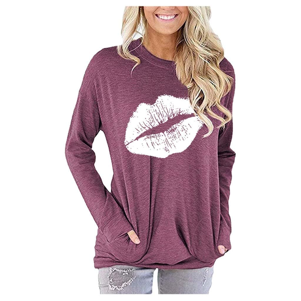 Severkill Women Lips Print T Shirts Casual Long Sleeve Crew Neck Graphic Tops Blouse