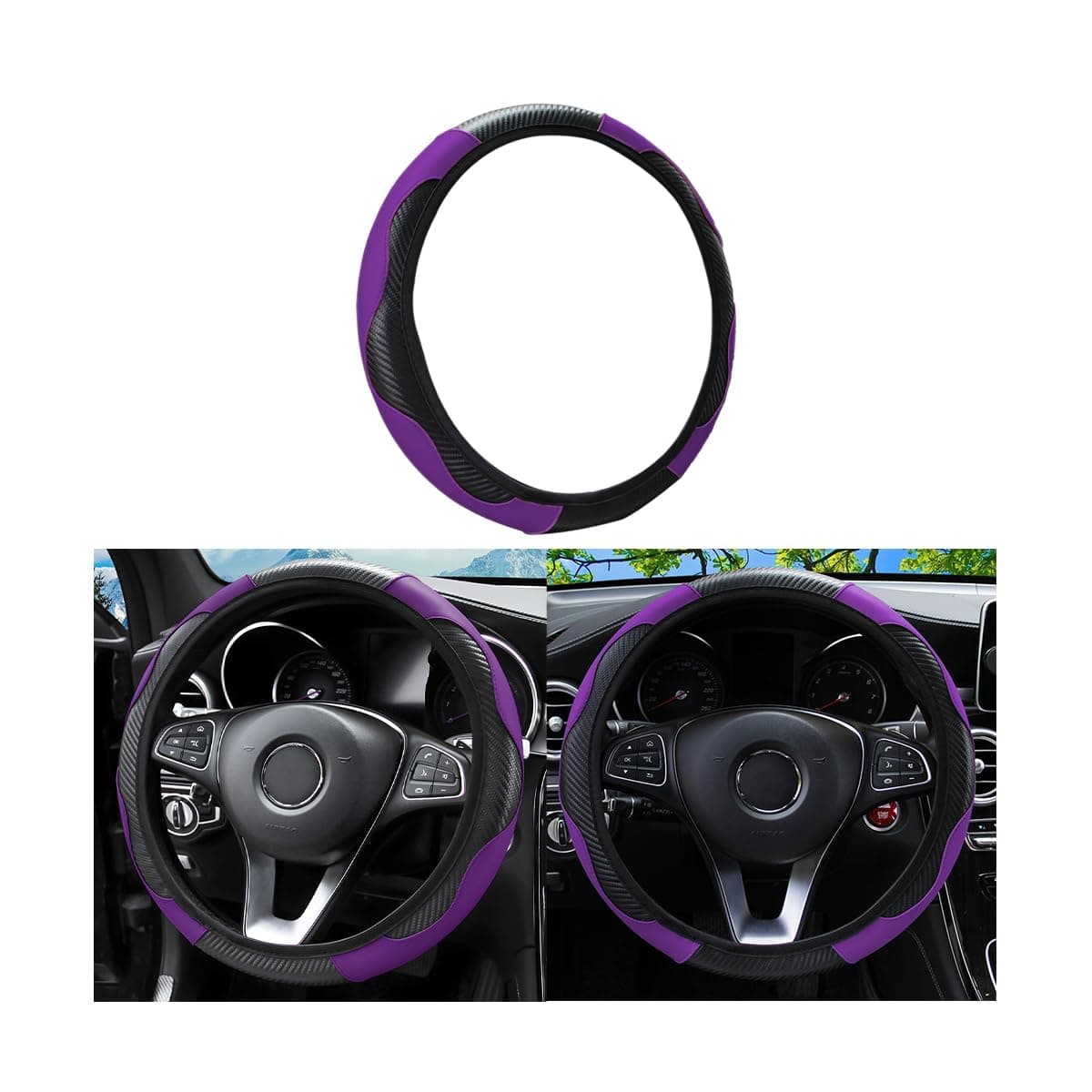 Car Steering Wheel Cover, Universal Microfiber PU Leather Elastic 15 inch Stitching Color Anti-Slip Steering Wheel Protector, Car Interior Protection Accessories for Men Women (Black/Purple)