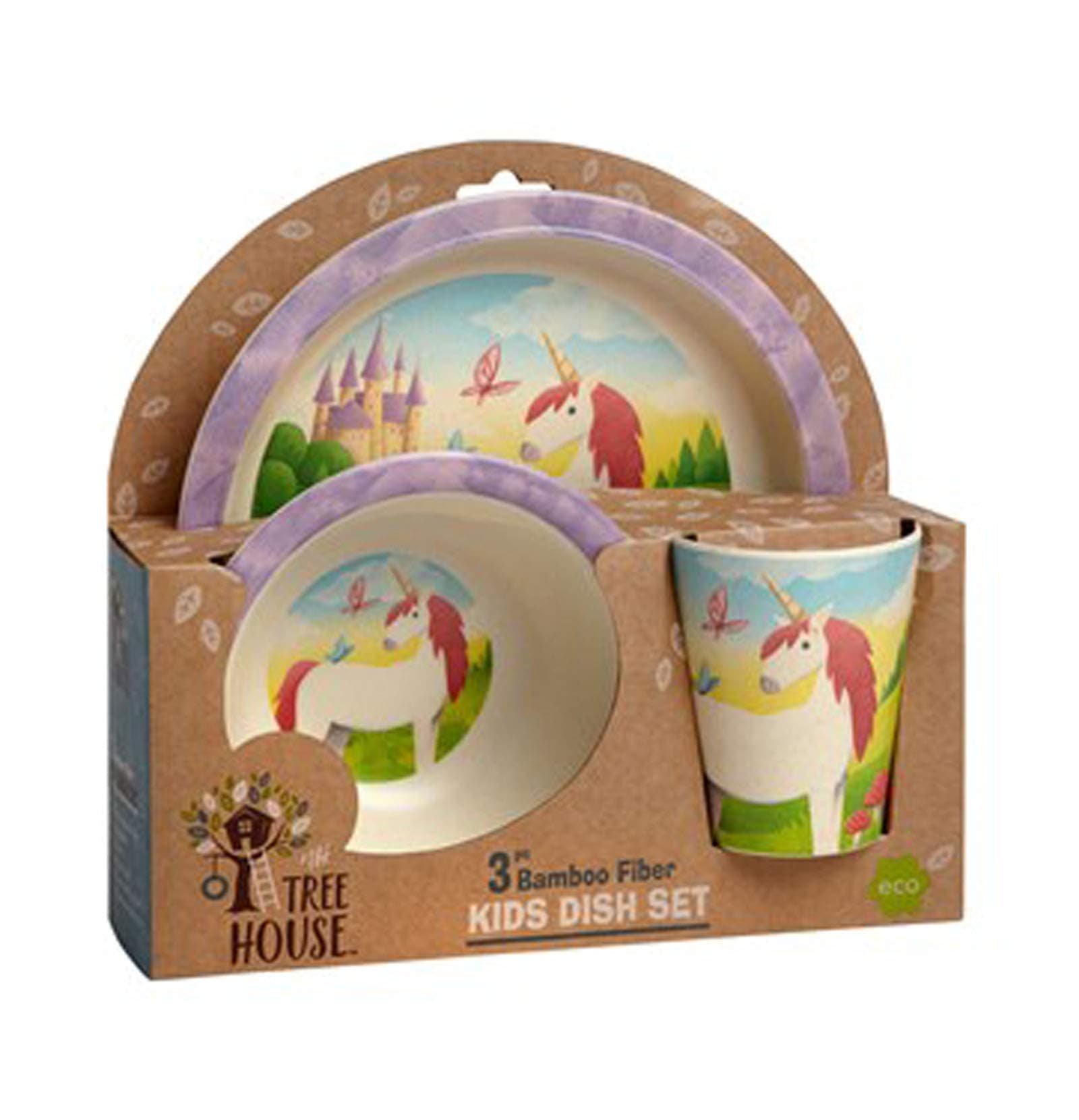 Kids Dinnerware 3 Piece Set - Bamboo Plate, Bowl, Cup (Unicorn)