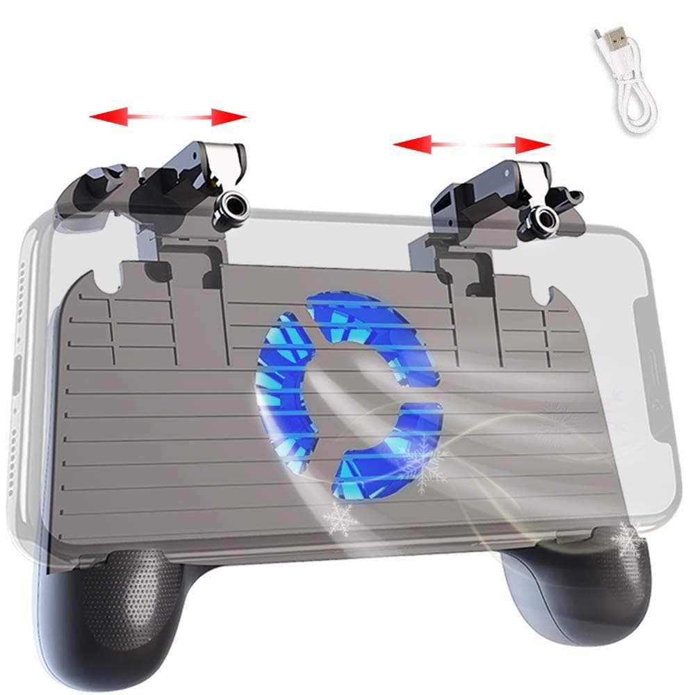 Mobile Controller with Power Bank Cooling Fan for Fortnite PUBG, Mobile Controller L1R1 Game Trigger Joystick Gamepad Grip for 4.5-6.5" Android iOS Phone【Latest Version Blue Light 4000mAh】