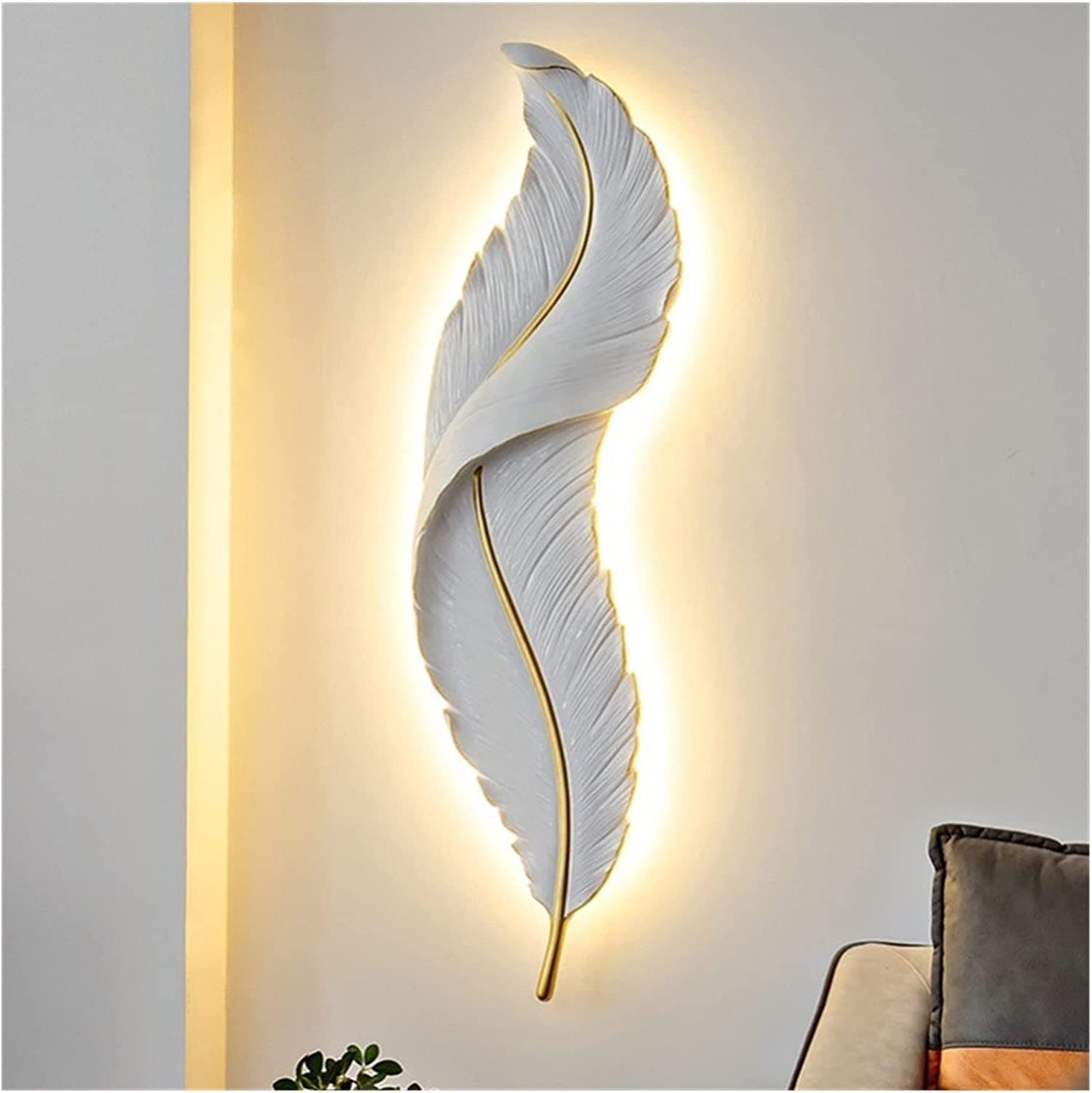 musa kazim Creative Wall Sconce Lighting Fixture Resin Wall Lamp Modern Feather-Shaped Wall Light,White LED Indoor Living Room Wall Mounted Lamps for Bedroom Hallway (White/Golden)
