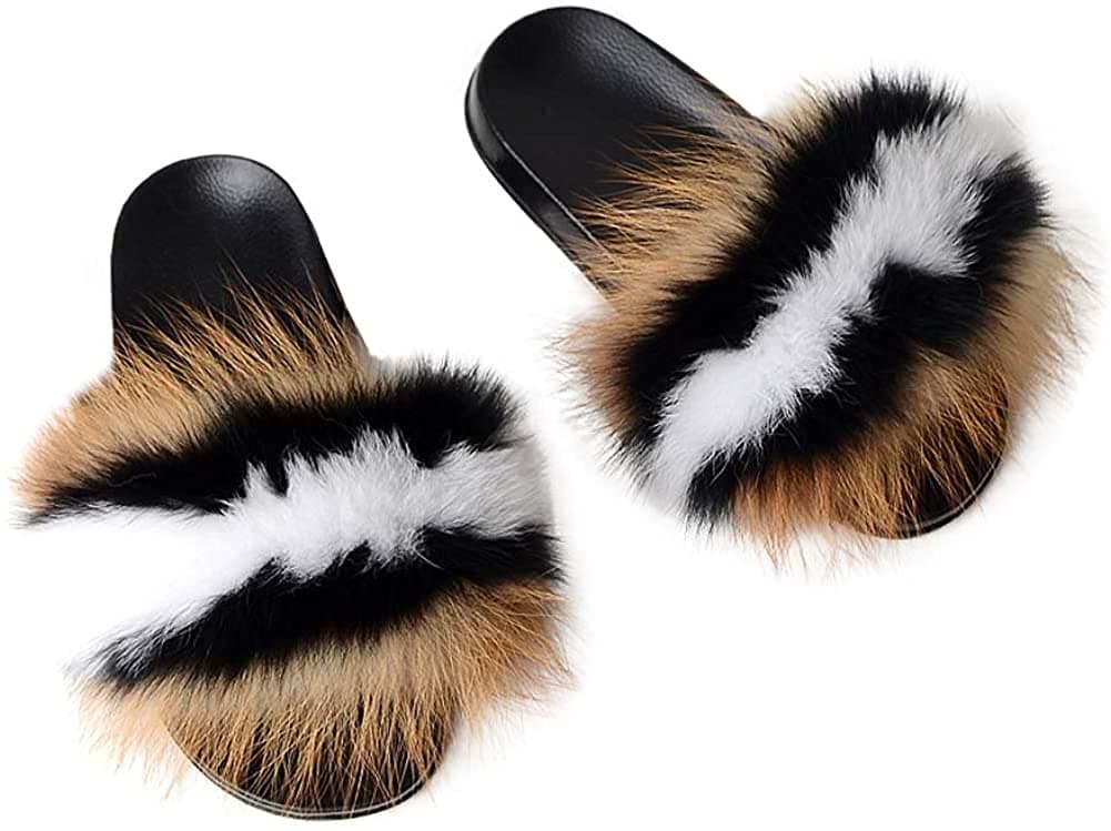 HIPRETTYUSWomen's Real Fox Fur Slides, Open Toe Cute Fur Slippers, Indoor or Outdoor Comfortable Furry Slide Sandals With Fluffy Fur