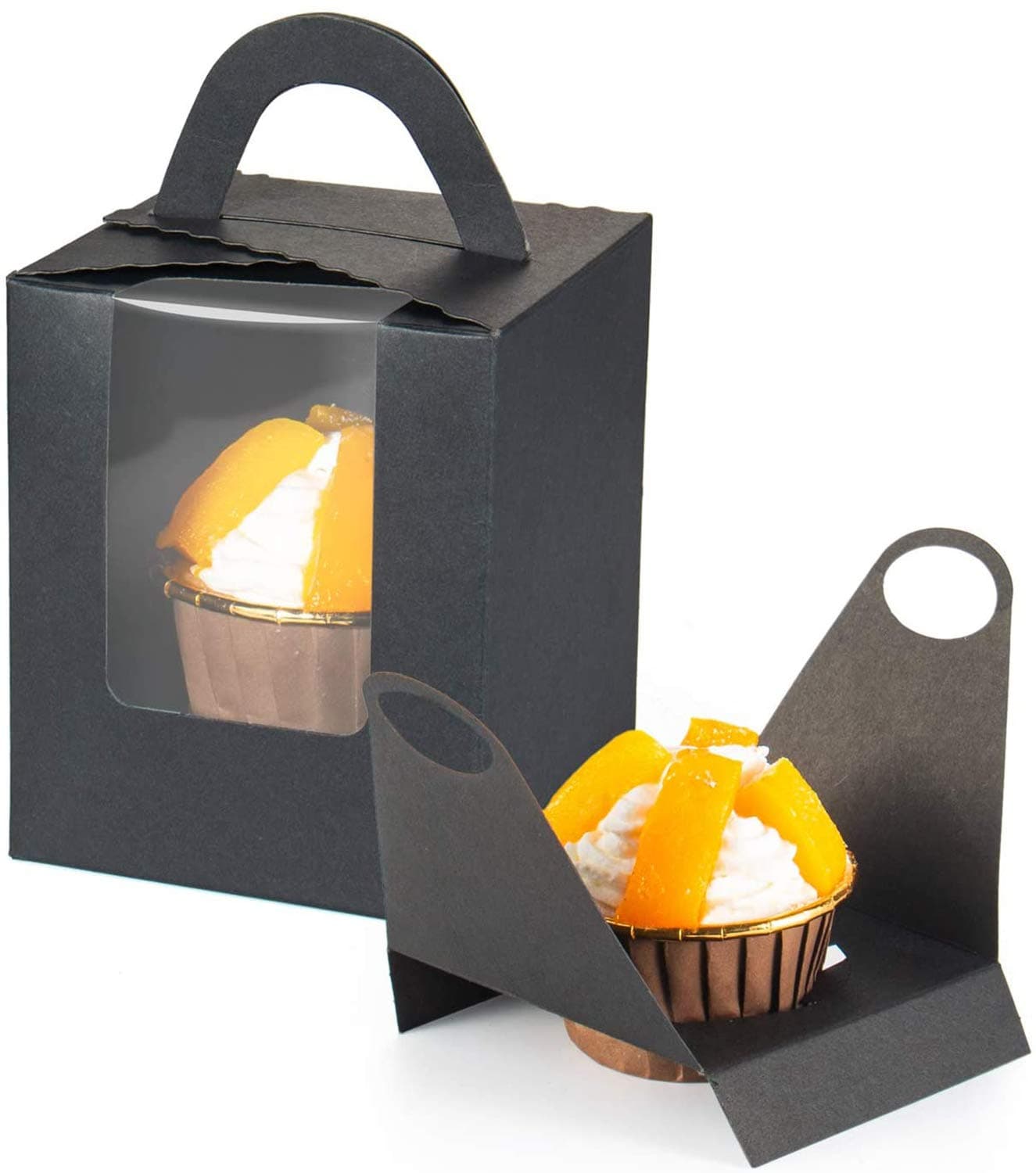 DELFINO Kraft Cupcake Holder, Cupcake Boxes, 20PCS Cupcake Containers with Insert, Handle and Window, for Cookies, Candies and Pastries, and for Wedding, for Party Color (Black)