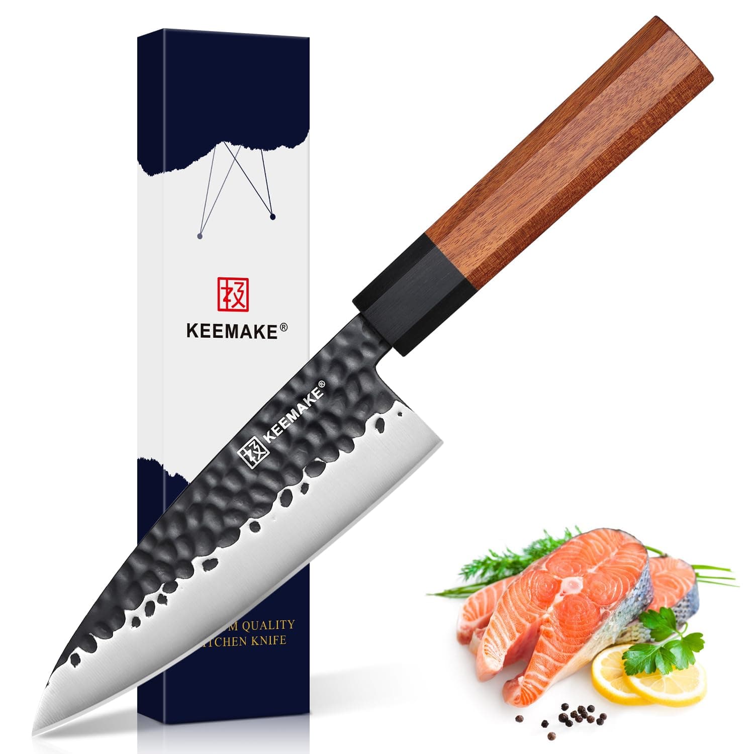 Deba Knife 6 inch, Double Bevel Japanese 440C Stainless Steel Fish/Fillet Knife with G10 Bolster Octagonal Wood Handle