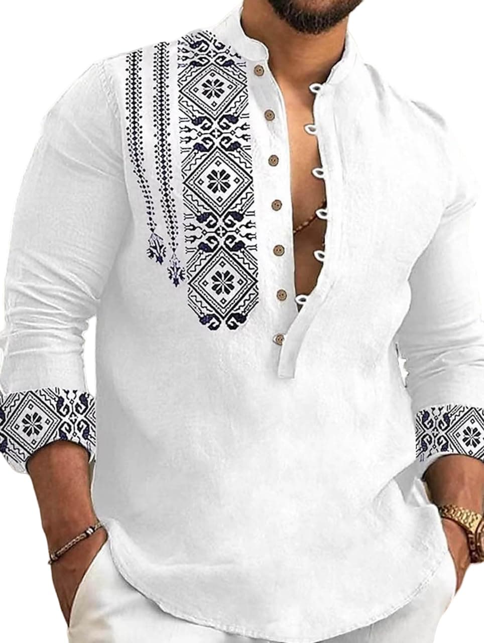 Men's Kurta Cotton Blend Mandarin Collar Design Auto-One Design Full Sleeve Casual Short