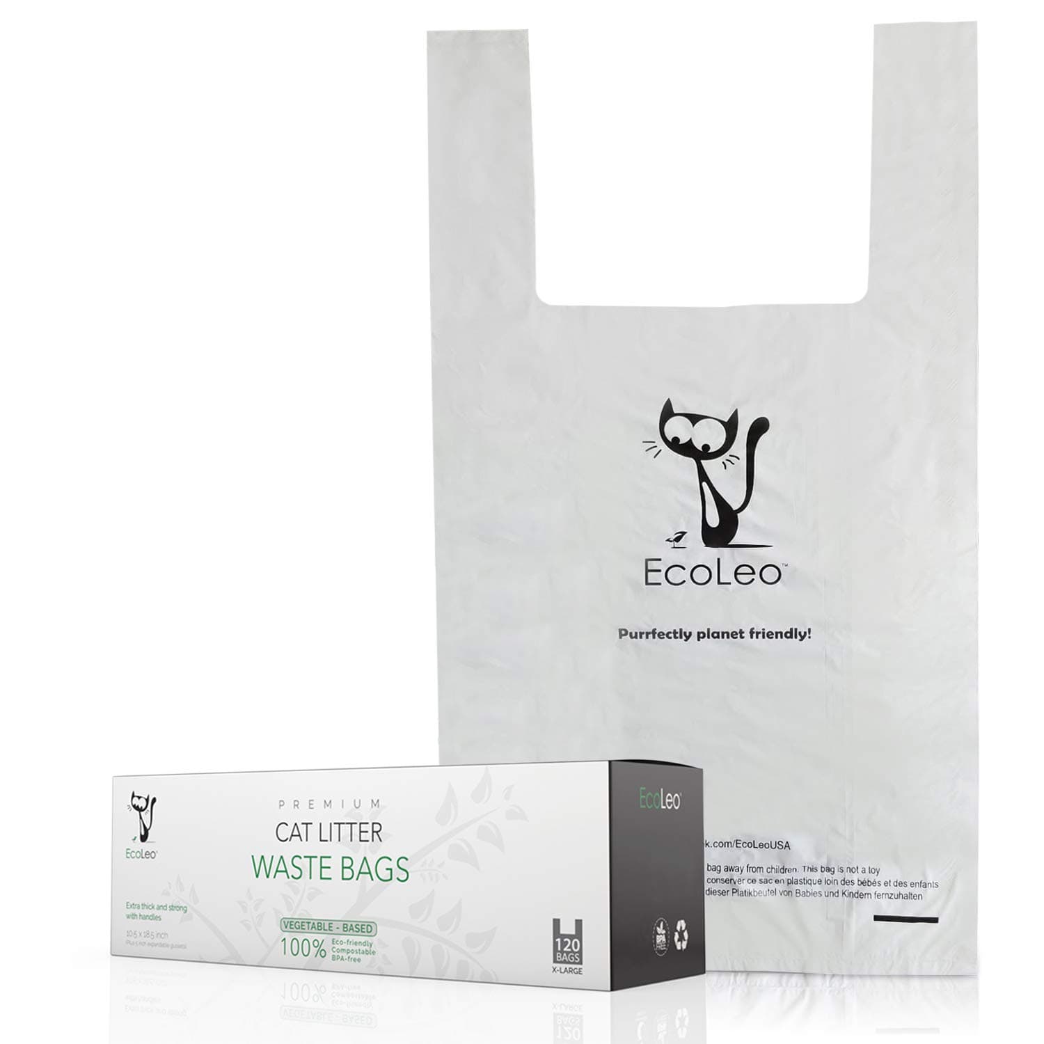 EcoLeo Cat Litter Waste Poop Bags - X-Large, Compostable, Plastic-free, Thick, Leak Proof, Pet / Dog Poo Bags with Easy-Tie Handles,10.5 x 18.5 inch, (120-Count)