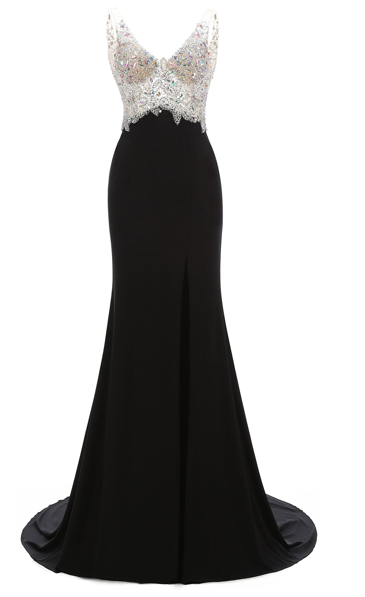 Women's Prom Dress Mermaid Full Beaded Black Tulle Evening Dress Black us10