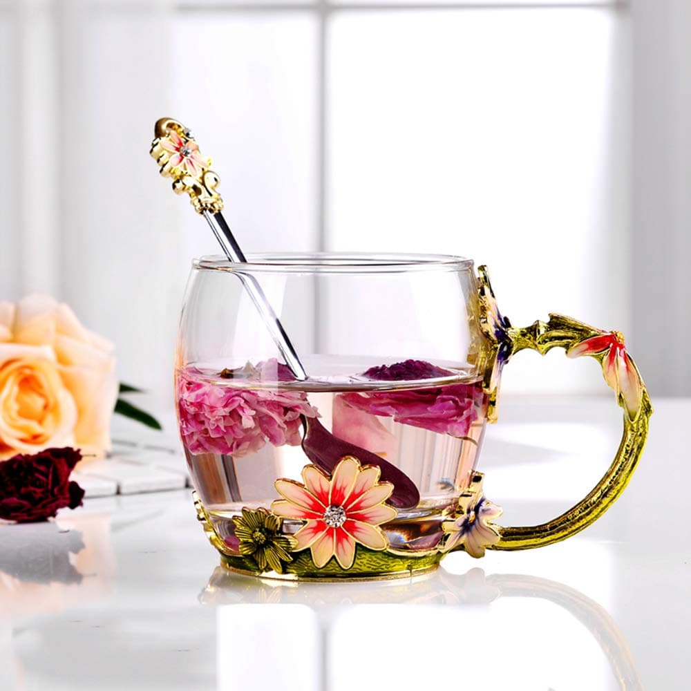 Goaeos Mother's Day Gifts for Mom Tea Cup Coffee Mug Cups Clear Glass with Spoon Set Unique Rose Flower Enamel Design Valentine's Day Birthday Decoration Wedding Gift (Red Short)
