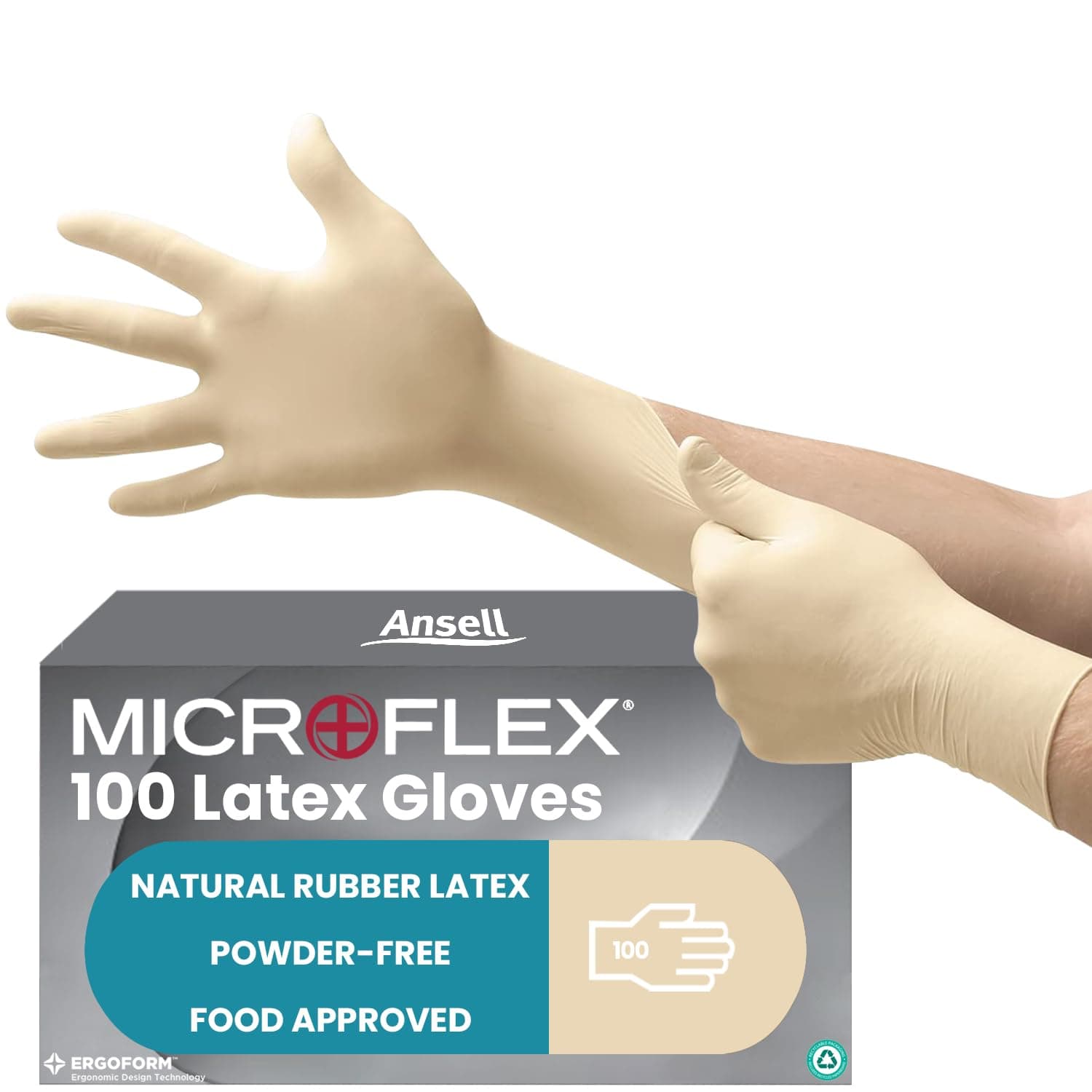 MicroFlex 63-864, Disposable Gloves with Textured Fingertips, Industrial Safe Latex Gloves, Powder Free Certified Food Gloves, Multipurpose Work Gloves, White Latex Gloves Large, 100 Gloves