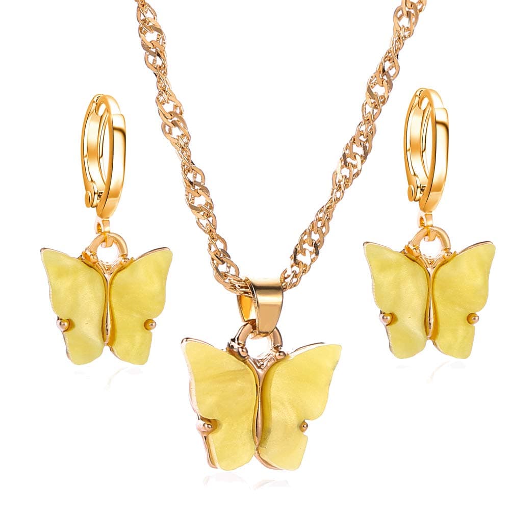 FUTIMELY Butterfly Hoop Earring Pendant Necklace,Acrylic Animal Butterfly Necklace Huggie Drop Earrings Set,Simple Charm Colour Suit for Women Teens Girls
