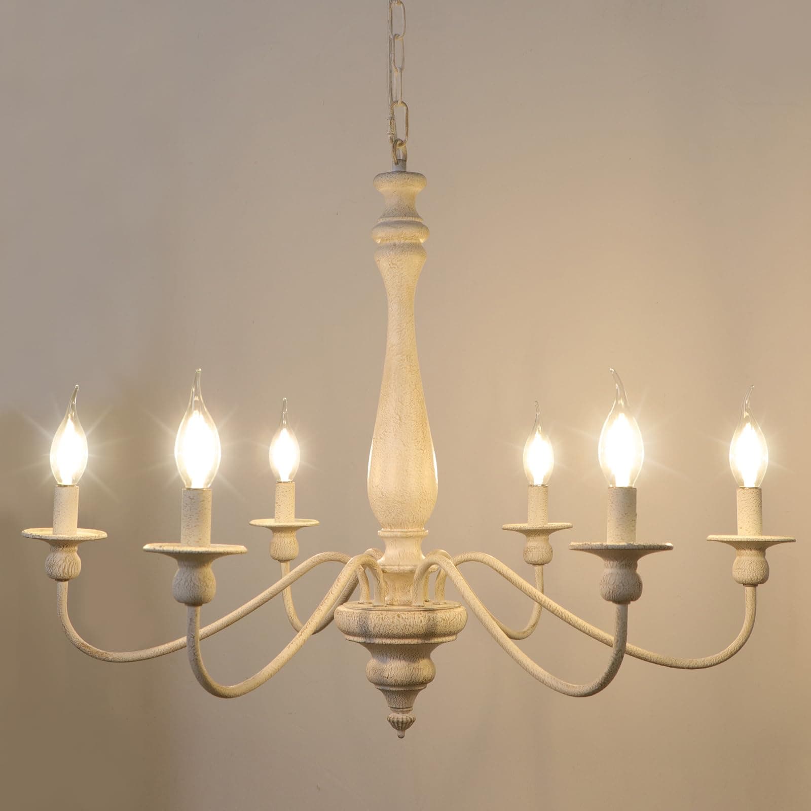 LynPon Wood Farmhouse Chandelier Distressed White French Country Industrial Lamp Ceiling 6-Light Vintage Rustic Retro Pendant Lighting for Dining Living Room Bedroom