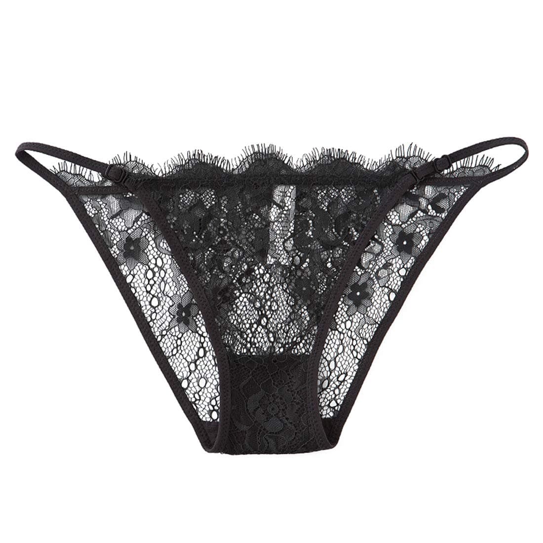 Women's Adjustable Panties Lace Mesh Thong Tie Side Underwear For Women-Black