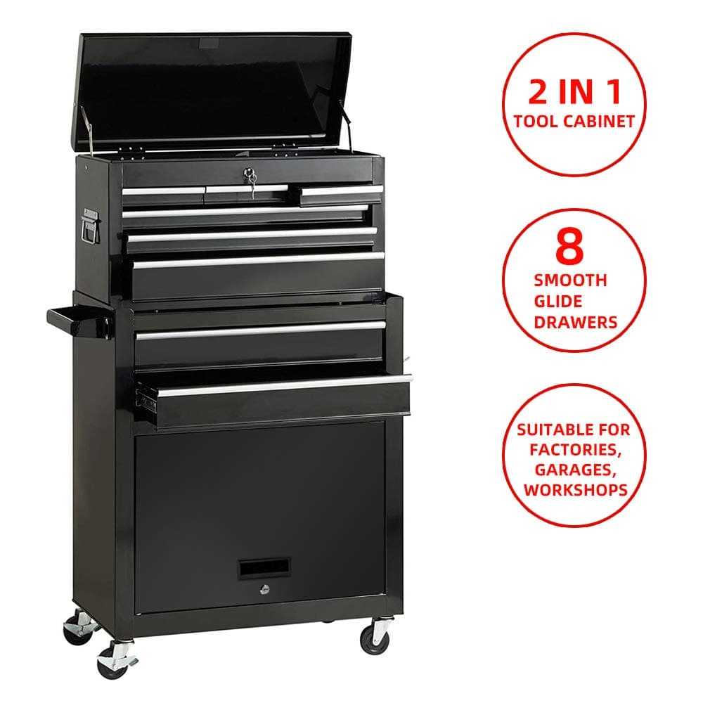Tool Box 8-Drawer Rolling 2 in 1 Tool Box With Drawer Removable Tool Box,Keyed Locking System Toolbox Organizer Boxes,Black
