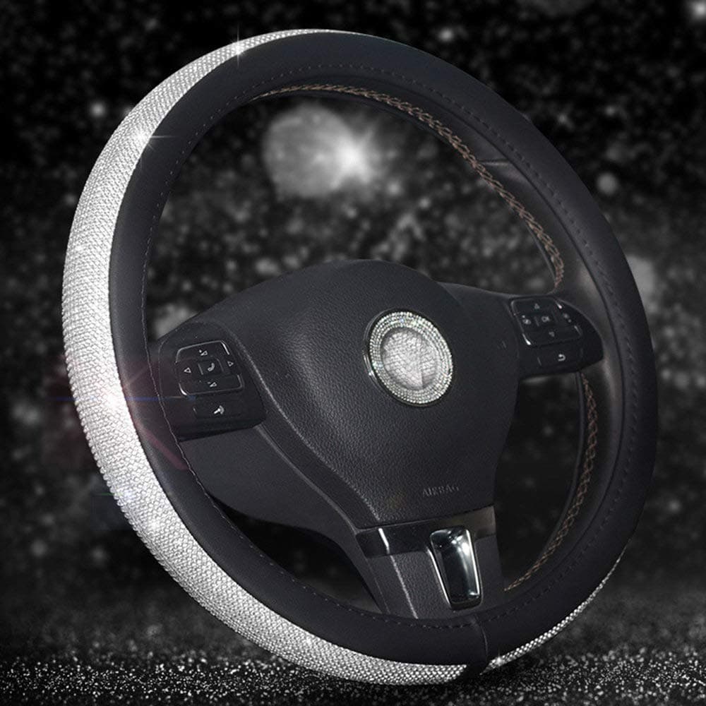 ZH-VBC Diamond Leather Steering Wheel Cover with Bling Bling Crystal Rhinestones, Universal Fit 15 Inch Car Wheel Protector for Women Girls, Breathable, Anti-Slip,Black