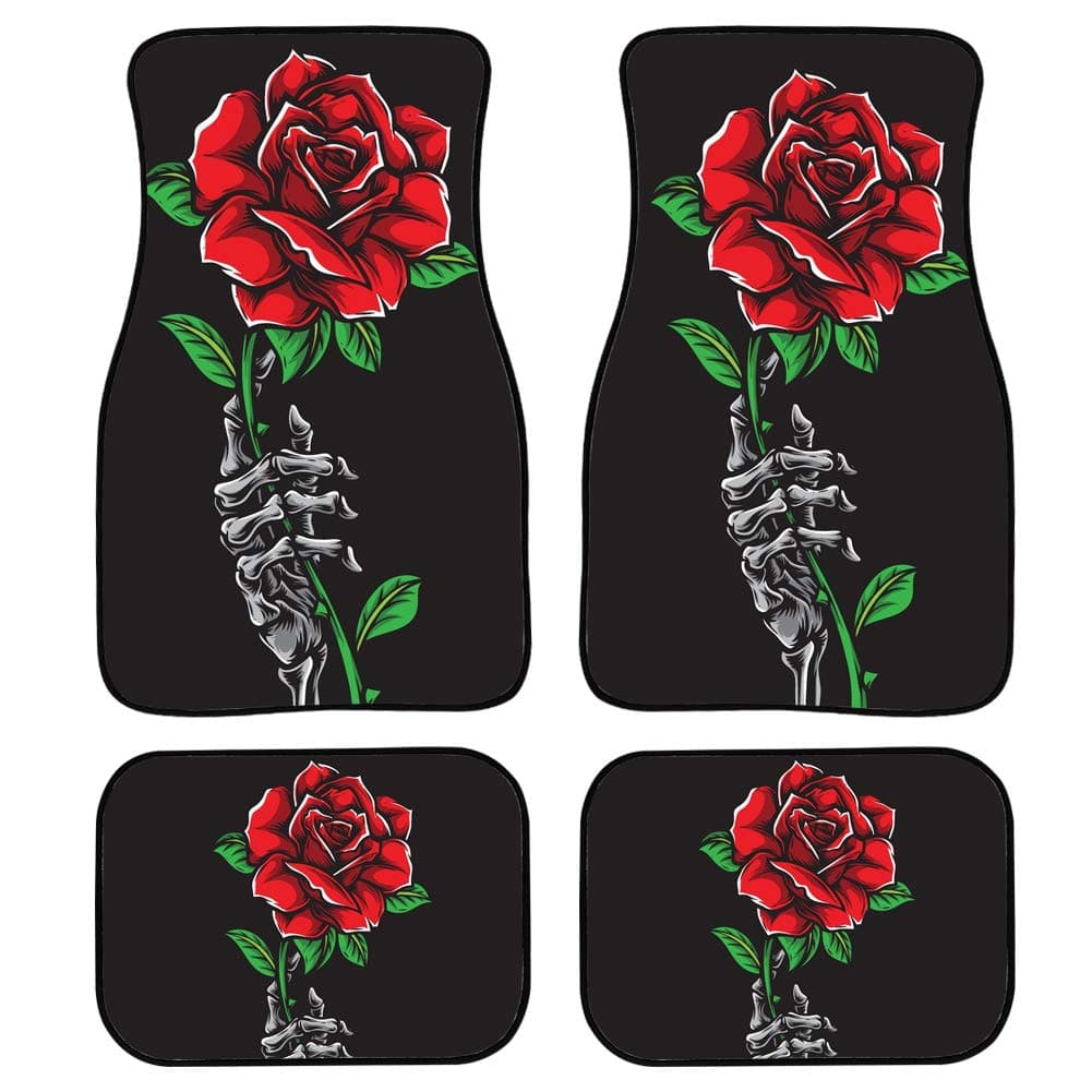 Skull Rose Car Floor Foot Mat Personalized Custom All Weather Non-Slip Rubber Back Front & Rear Automotive Floor Mat 4 Pcs Fit Most for SUV Sedan Truck Van Decoration