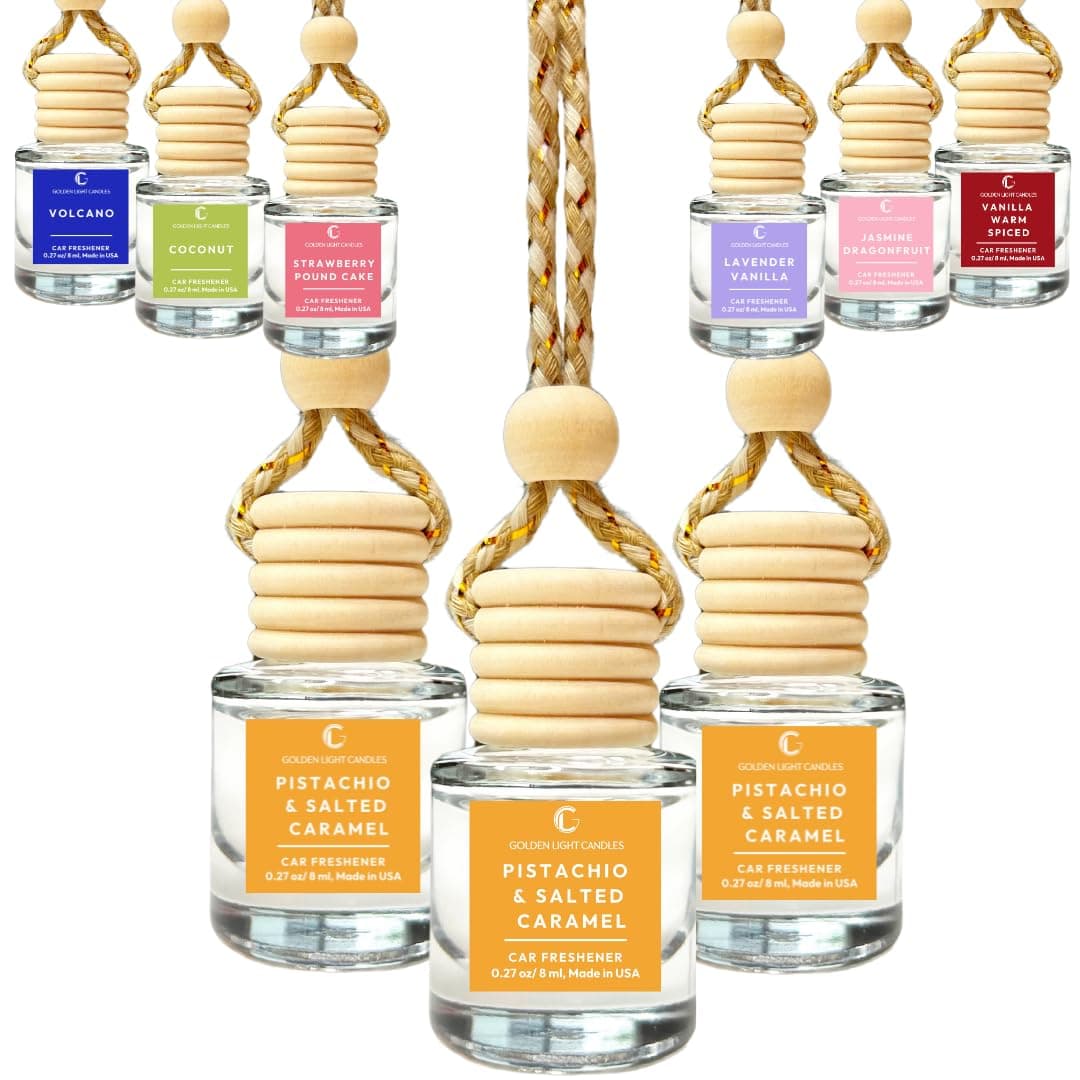 Golden Light Candles Car Air Freshener Hanging | Pistachio Salted Caramel Car Air Fresheners | Long-Lasting Fragrance Oil Diffuser | Cute Scent Diffuser | Pack of 3 | Made in USA