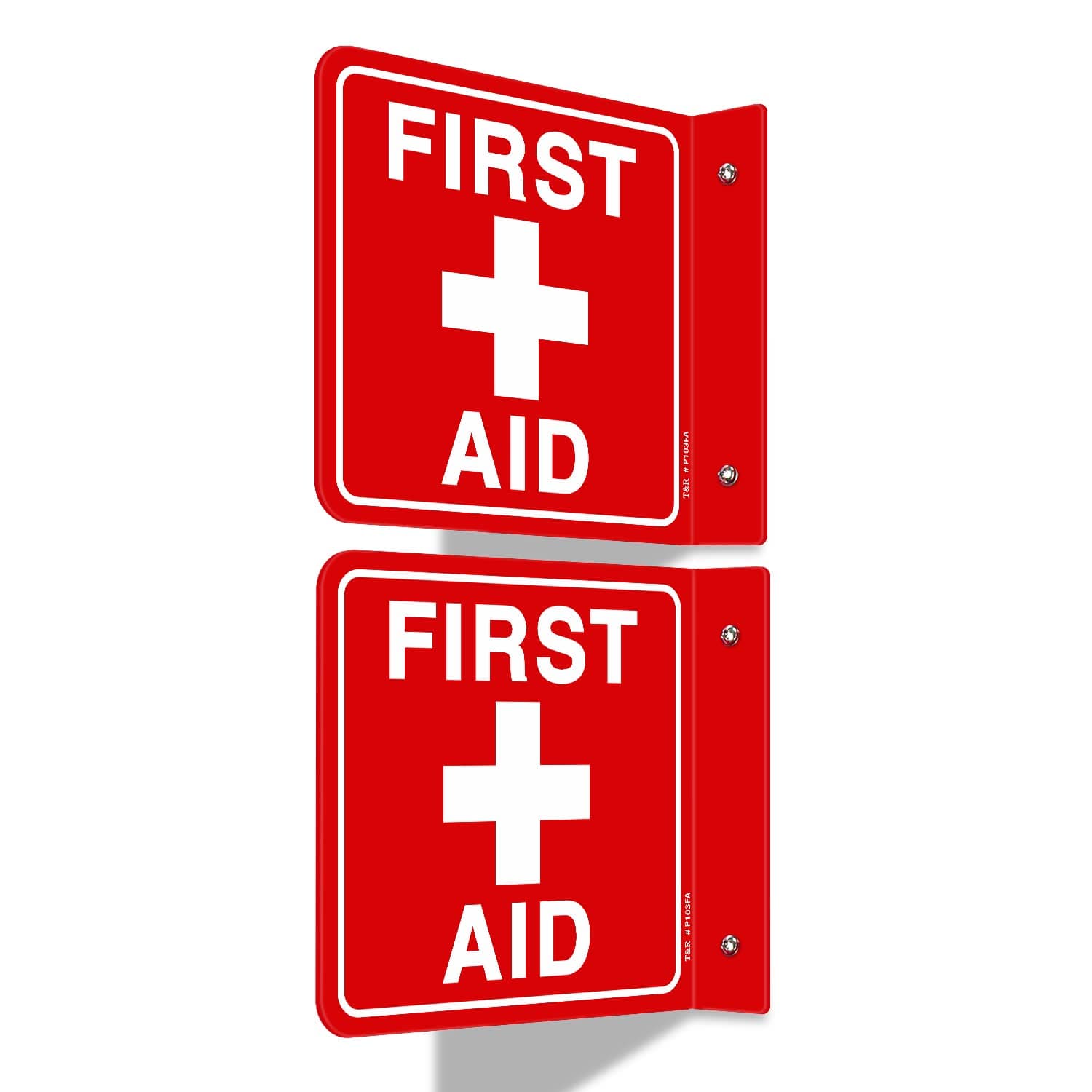 T&R First Aid Sign, First Aid with Cross Symbol - 2 Pack - 6 x 6 Inches Acrylic, 2 pre-drilled holes, Includes Matching Screws, Use for Office/Business