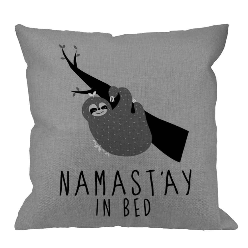 HGOD DESIGNS Throw Pillow Case Namastay in Bed Sloth Cotton Linen Square Cushion Cover Standard Pillowcase for Men Women Home Decorative Sofa Armchair Bedroom Livingroom 18 x 18 inch
