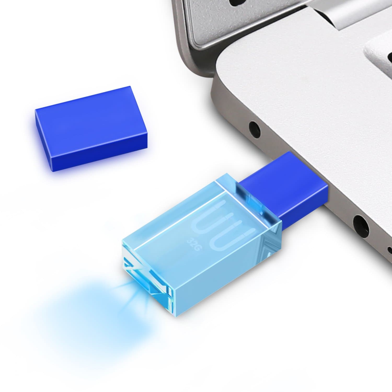 Crystal USB Flash Drive 32GB, LED Light USB2.0 Flash Disk for Wedding or Birthday Gift,Transparent Waterproof USB Flash Drive, Speediness Memory Stick Thumb Drive (Blue)