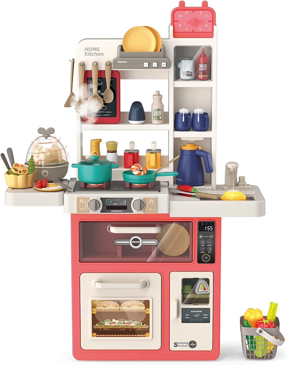 Kitchen Toy for Kids, Kitchen Playset Pretend Food -63 PCS for Toddlers Kids, Toy Accessories Sets Real Sounds & Light, Play Sink, Cooking Stove with Steam, Girls & Boys-Begonia Red