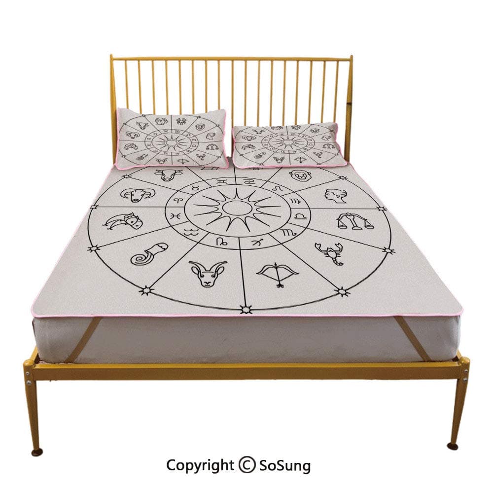 Astrology Creative King Size Summer Cool Mat,Sketchy Zodiacal Circle with Astrology Signs Aries Aquarius Pisces Lion Art Sleeping & Play Cool Mat,Black and White