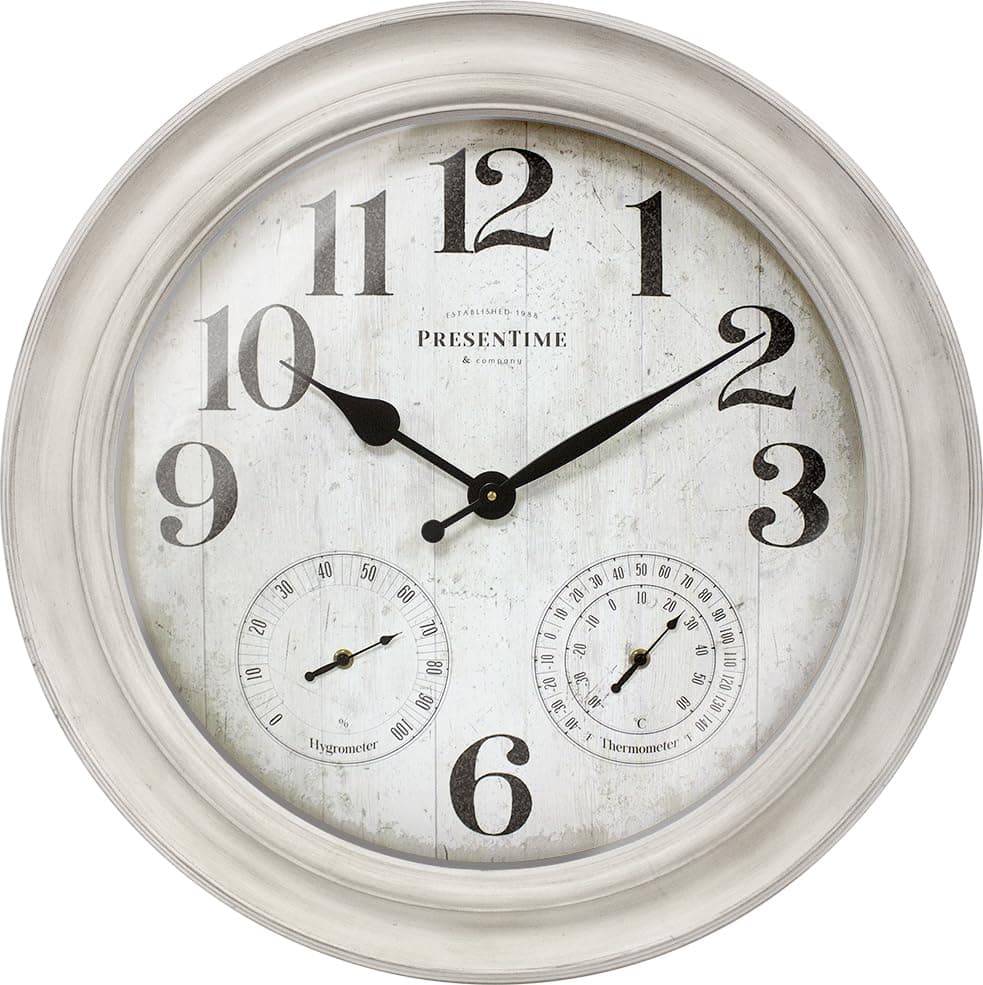Presentime & Co. 26" Clifton in/Outdoor Farmhouse Clock with Thermometer & Hygrometer as All in One Weather Station, Farmhouse Wall Art and Timepiece for Home Decoration, Weathered White Finish