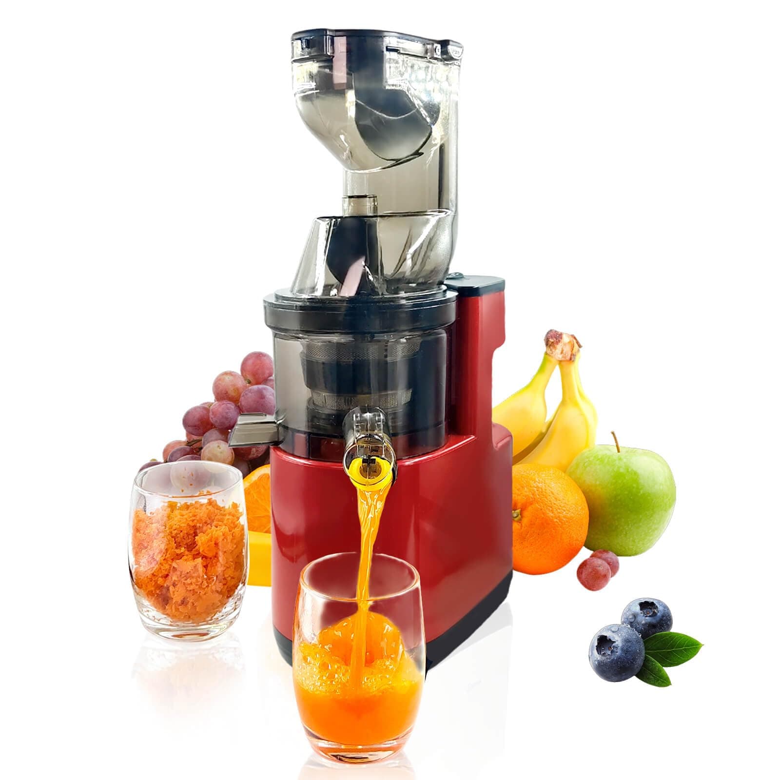 Cold Press Juicer Machines Slow Masticating High yield Pulp separation Can make fruit ice cream Multi-Functional for Home Commercial Use Wide Feed Chute (red)