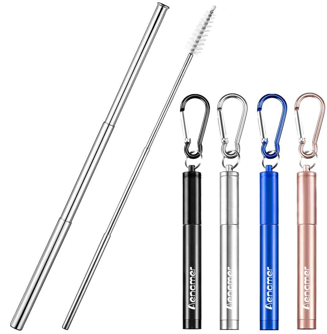 Aenamer Reusable Straw 4 Pack Telescopic Stainless Steel Metal Straw with Case Cleaning Brush Keychain, Perfect for Drinking Water, Coffe, Smoothie, Juice, Milkshake