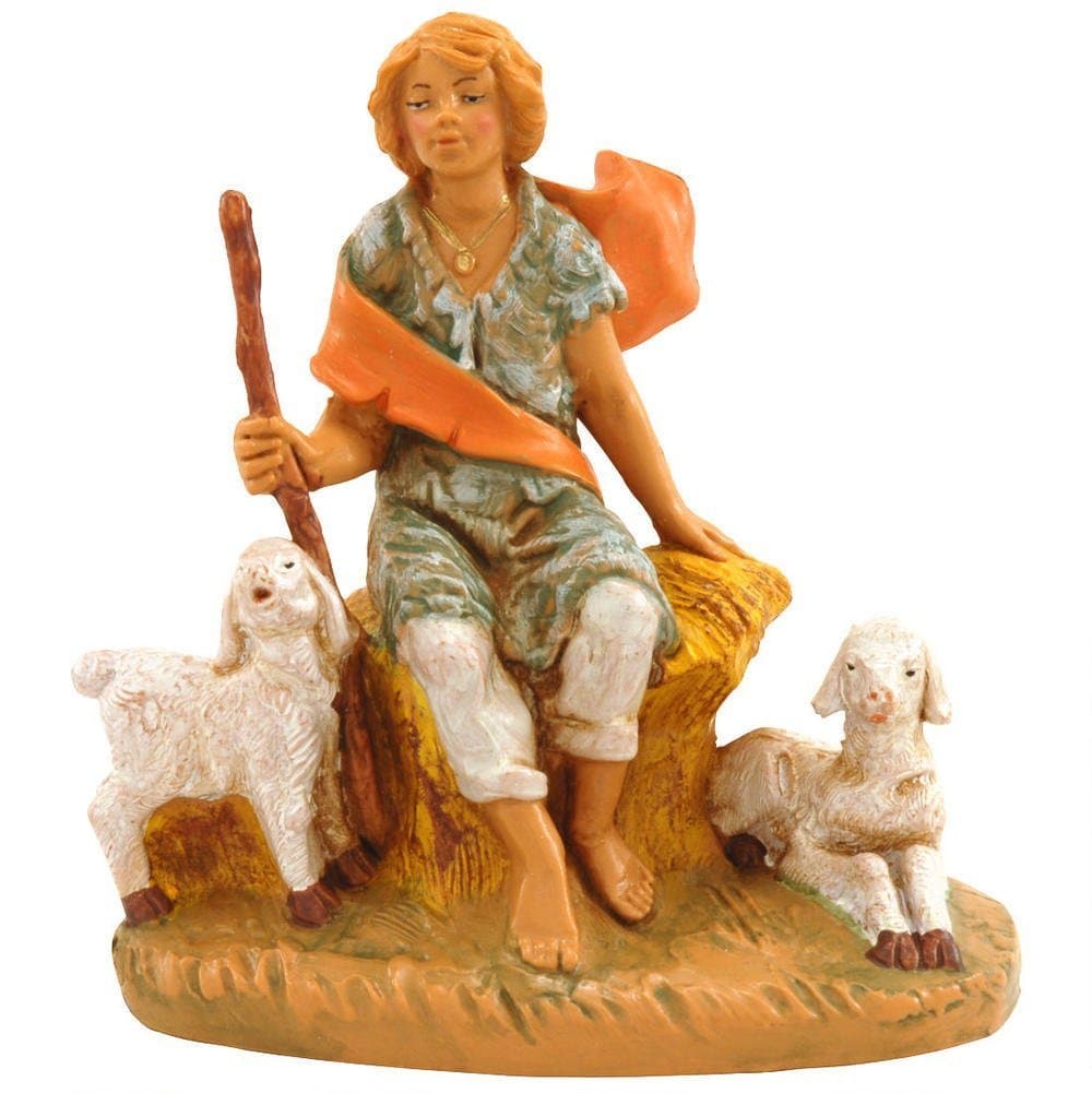 Fontanini by Roman Inc., Peter with Sheep, 5" Shepherd Collection, Nativity Figure and Accessories, Hand Sculpted and Painted