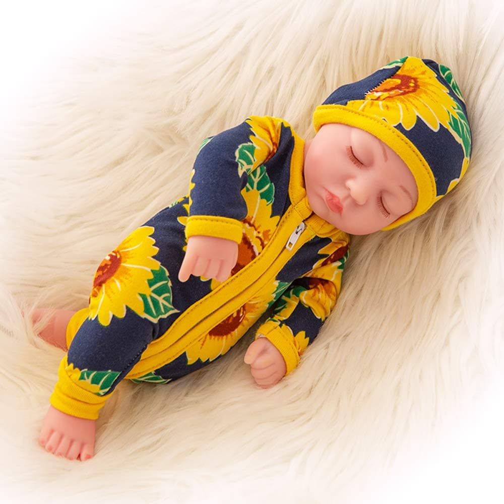 Ecore Fun 10 Inch New-Born Reborn Doll Baby Doll and Clothes Set Washable Realistic Silicone Baby Dolls with Cute Sunflower Jumpsuit Clothes-Best Gift for Kids Girls