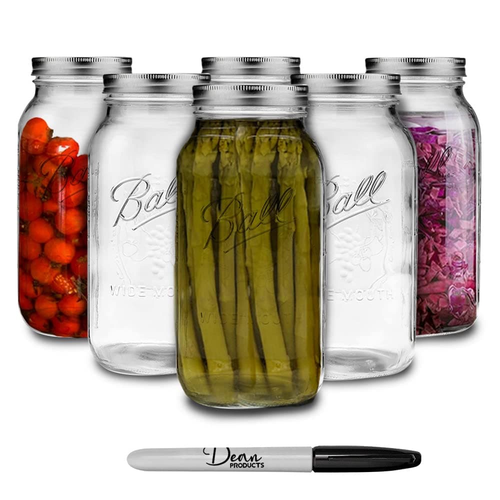 Wide Mouth Mason Jars 64 oz - 1/2 Gallon Mason Jar - Ball Mason Jars 64oz With Lids - Large Mason Jar 64 Ounce - Wide Mouth Half Gallon Mason Jars - Ball Canning Jars Wide Mouth - 6 Pack Dean Products