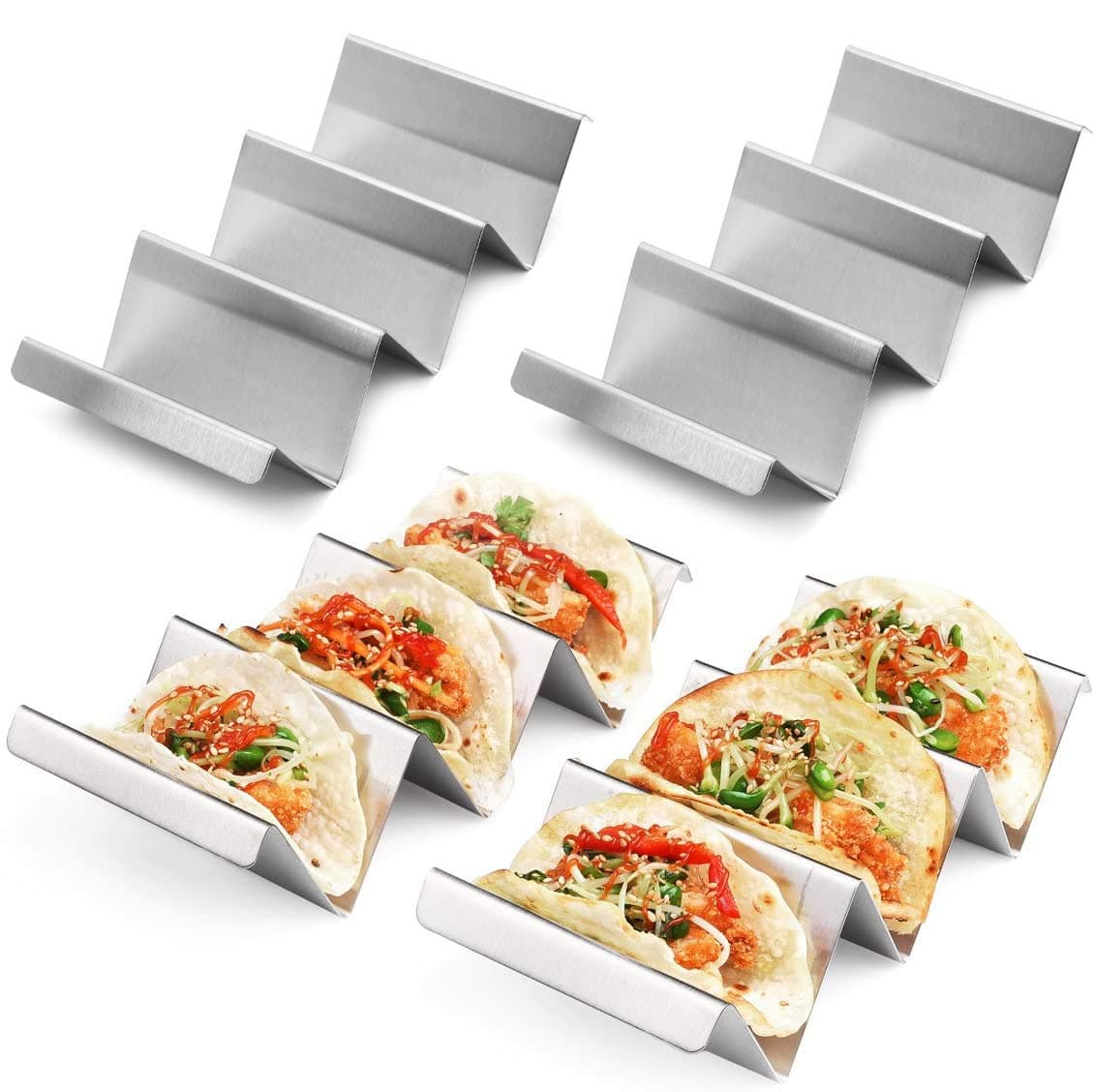 Taco Holder Stand - Set Of 4 Oven & Grill Safe Stainless Steel Racks With Handles Fill Serve Tacos Ease Trays