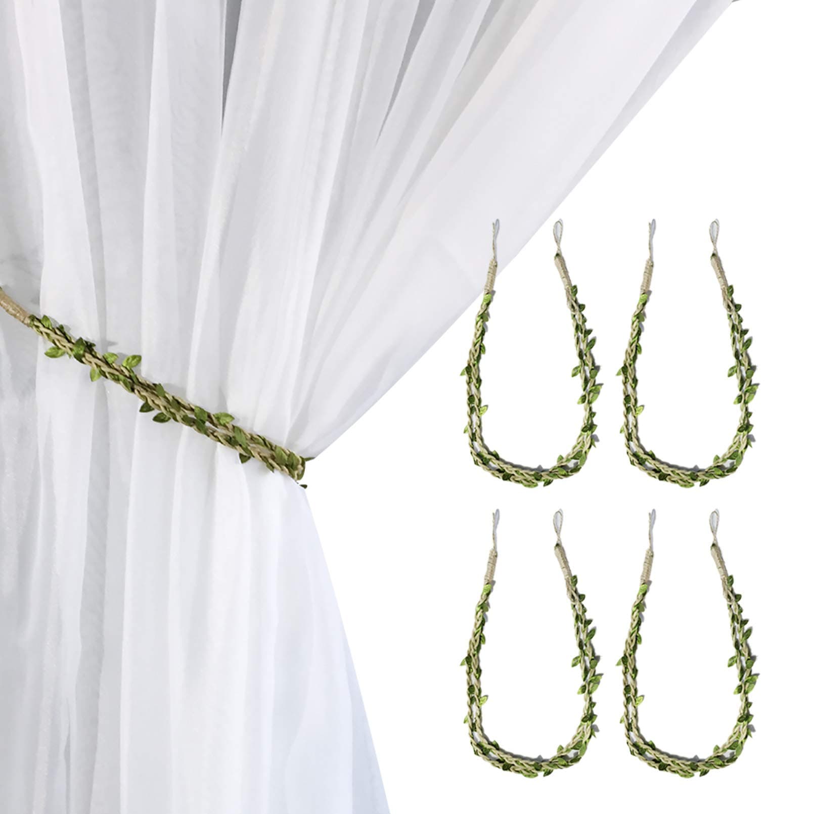 Valea Home Curtain Tiebacks Ropes Natural Burlap Rope Holdbacks with Artificial Vines Fake Foliage Ivy Leaf for Rustic Wedding Party Home Decorative Curtain Holders, Set of 4