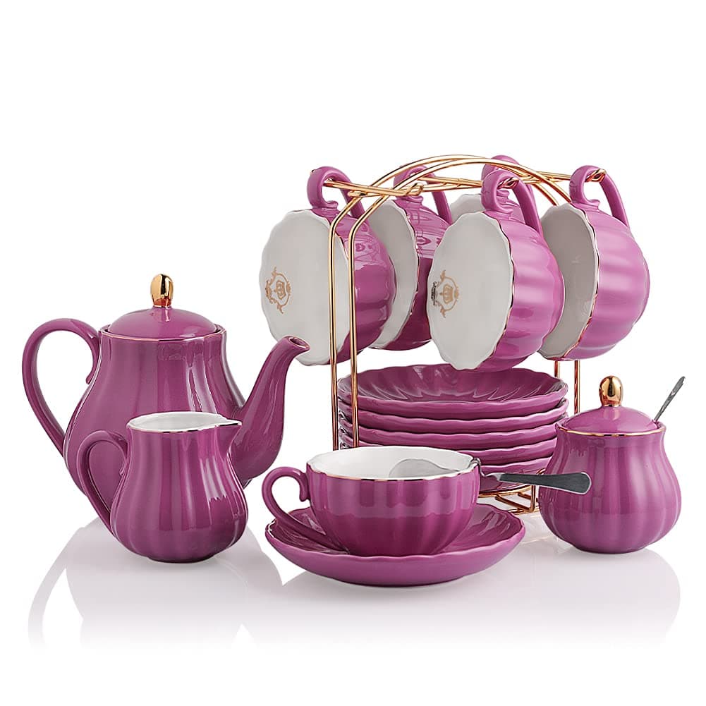 Sweejar Porcelain Tea Sets British Royal Series, 8 OZ Cups& Saucer Service for 6, with Teapot Sugar Bowl Cream Pitcher Teaspoons and Tea Strainer, Suitable for High Tea, Wedding, Party (Violet)