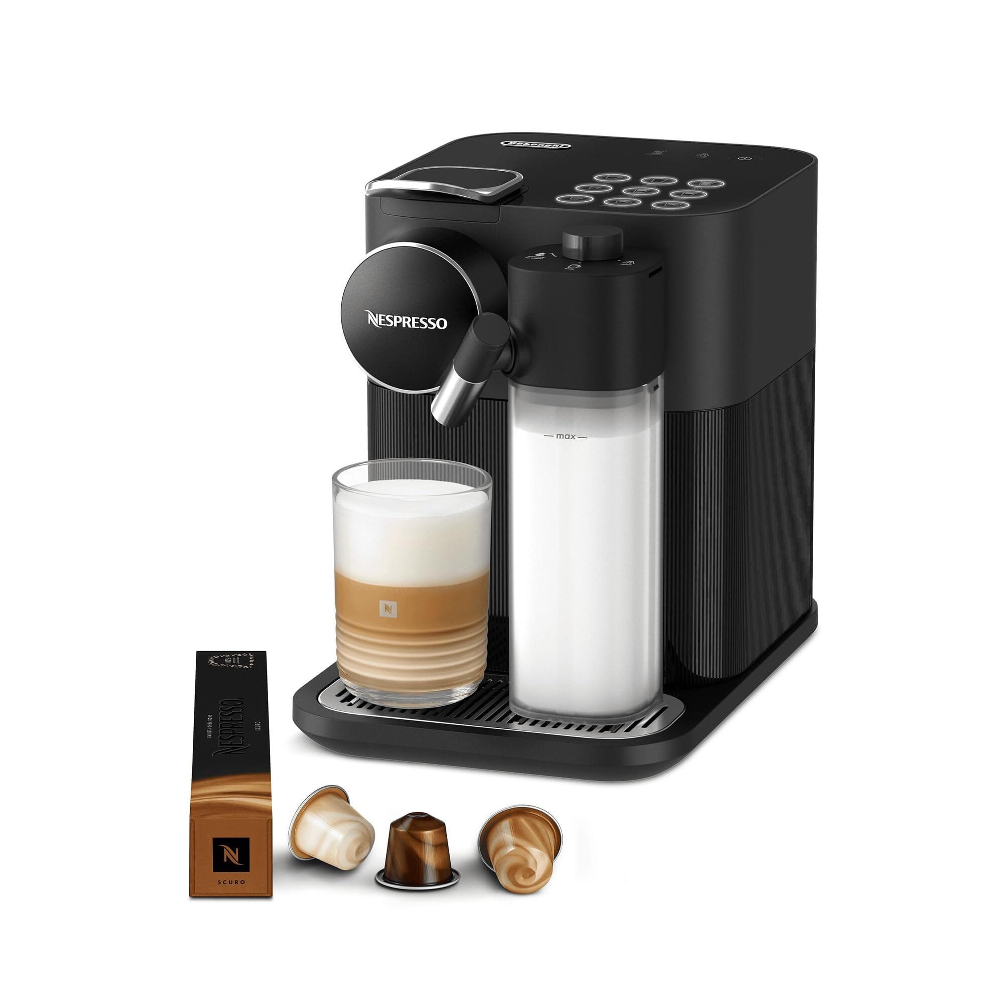 Gran Lattissima Coffee Machine by De'Longhi for Original Coffee Pods, Latte, Cappuccino, Integrated Milk Frother, Starter Capsule Set Included, EN640.B, Black