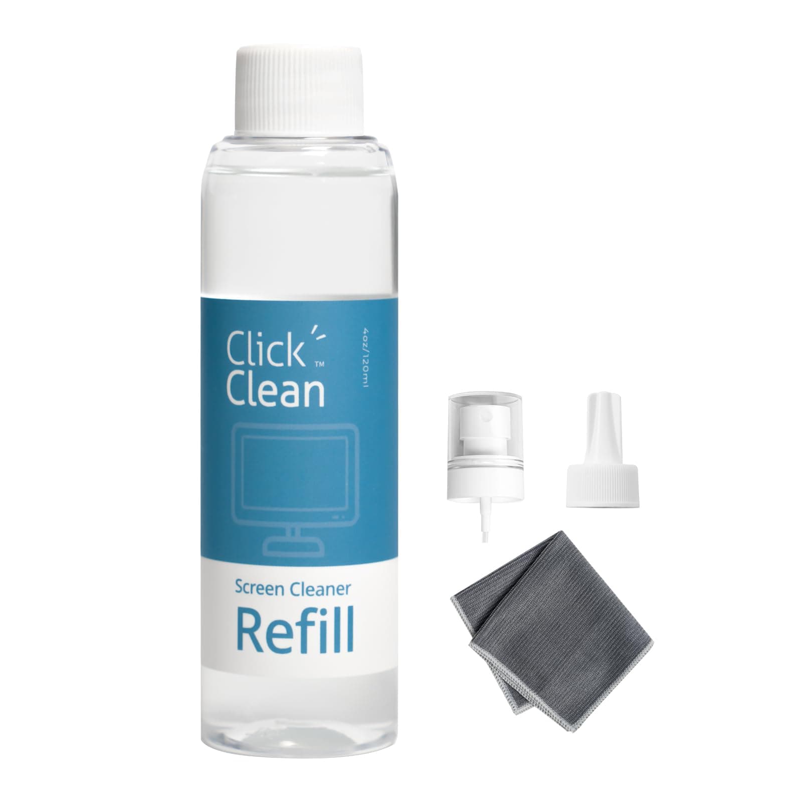 Click Clean Screen Cleaner Refill Kits - 4 oz Cleaner Refill and 1 Microfiber Cloth(7.8 x 7.8in), 1 Mini Refill Funnel + 1 Sprayer - Specially Designed for Click Clean Cleaning Products