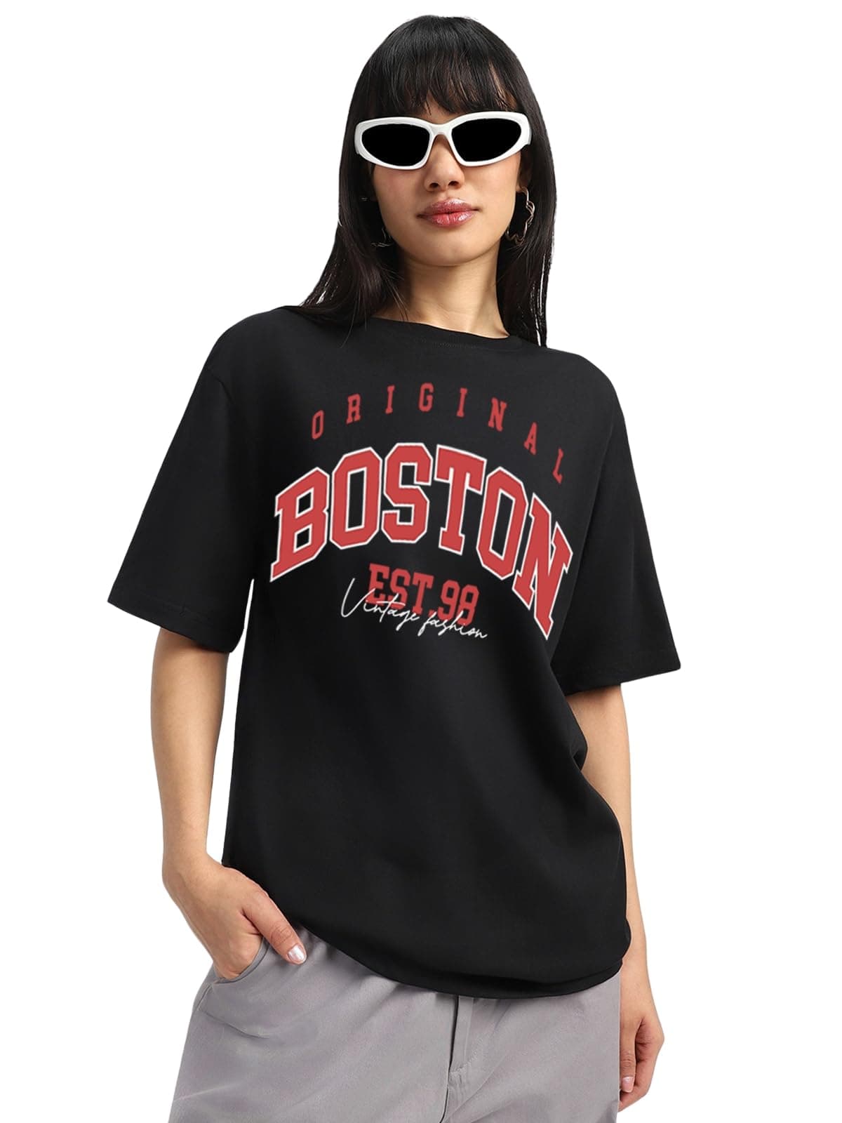 JUNEBERRYRound Neck Drop Shoulder Round Neck Black & White Graphic Printed Pure Cotton Oversized Baggy Fit Half Sleeve T-Shirt for Women & Girls (Sizes: S to 2XL)