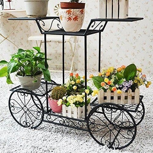 Black, 4-Wheeler Metal Flower Rack Display Plant Stand with 6 Pots Holder Home&Garden