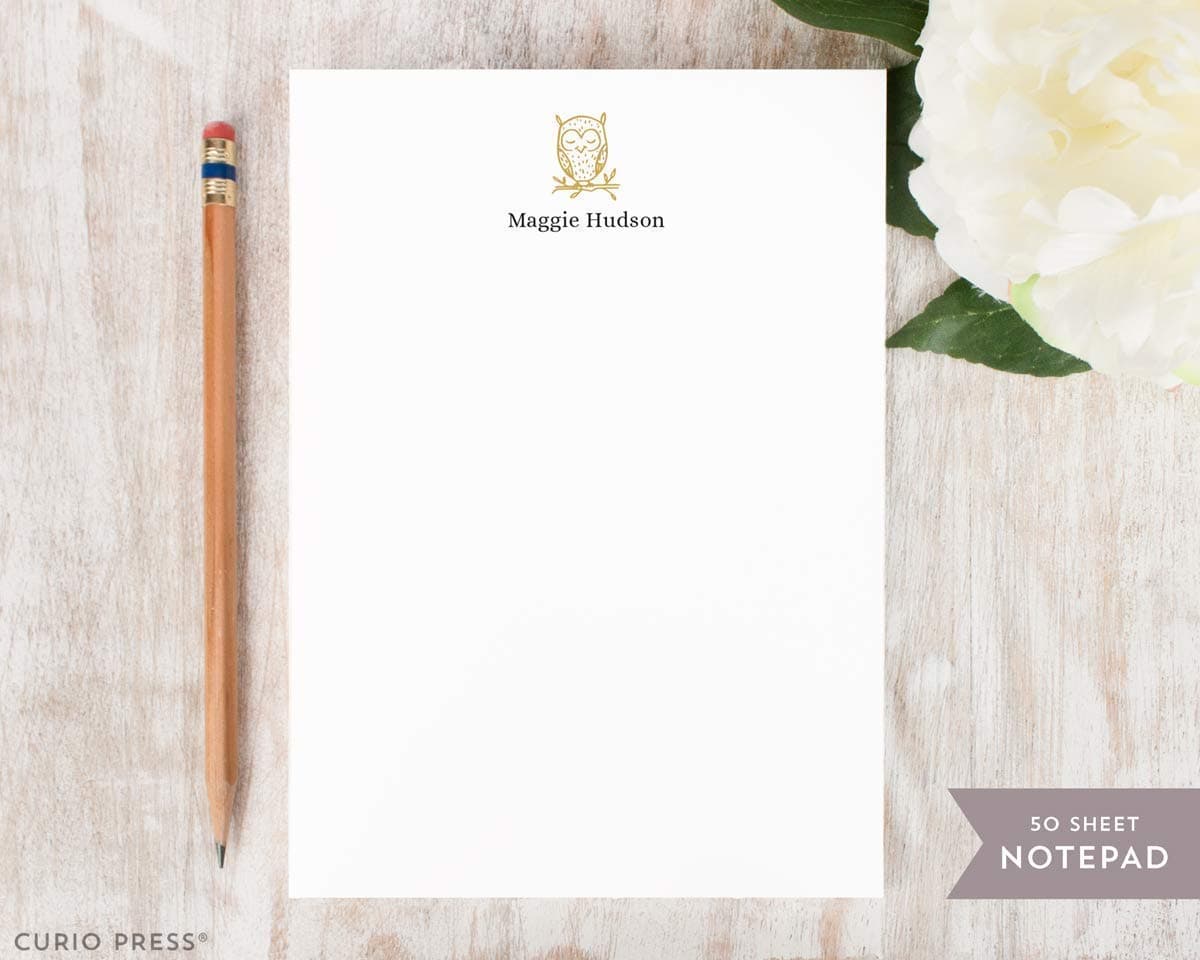 Personalized Owl NOTEPAD Stationery for Women, Teacher, Everyday To-Do List Pad, Optional Envelopes - OWL NOTEPAD