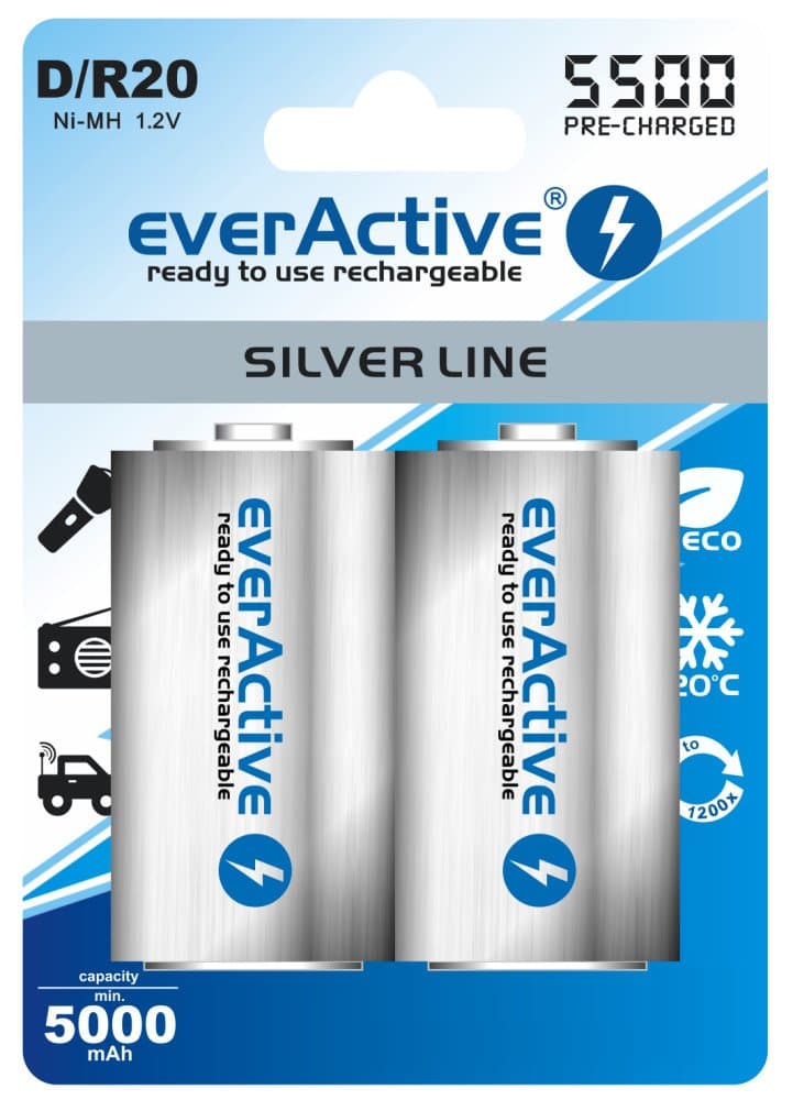4x EverActive Silverline Mono Min. 5000 mAh Battery D Mono LR20 MN1300 NiMH Cells