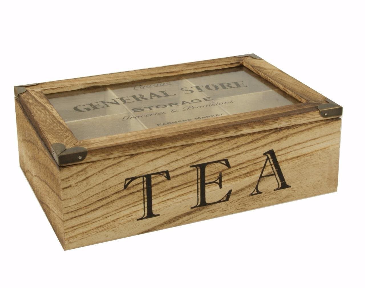 BUZZ Shabby Chic/Rustic/Vintage/Style Wooden TEA Storage Box/Caddy/Tea Bag Chest - 6 compartment - hinged transparent lid -