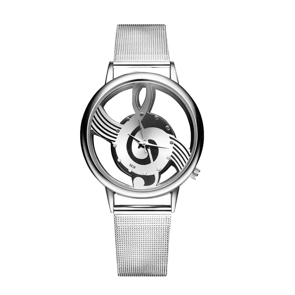 Unique Watch Musical Note Hollow Stainless Steel Mesh Strap Quartz Unisex Fashion Wrist Watch, Silver, unique watch for men