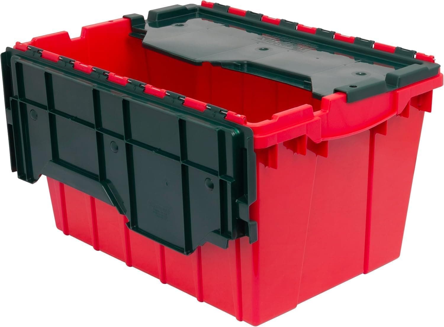 Akro-Mils KeepBox 12 Gallon Storage Container, Nesting and Stackable Plastic Storage Box with Lid Attached, Organizer Tote for Garages, Closets, and Moving, 21-1/2" x 15" x 12-1/2", Red/Green