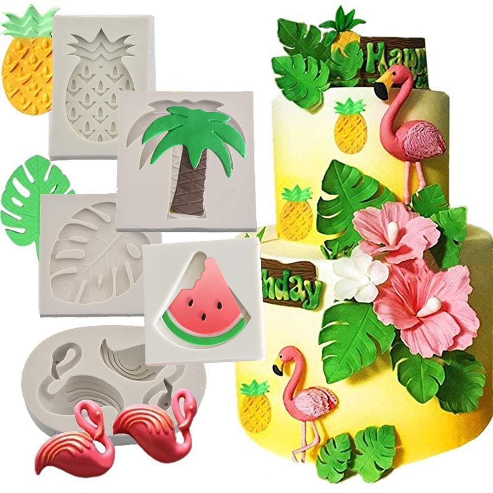 Flamingo Coconut Tree Watermelon Leaves Pineapple Silicone Fondant Mould Sugar Paste Cake Cupcake Design Mat Silicone Mould for Cake Decorating Cupcakes Sugarcraft Candies【New Version】