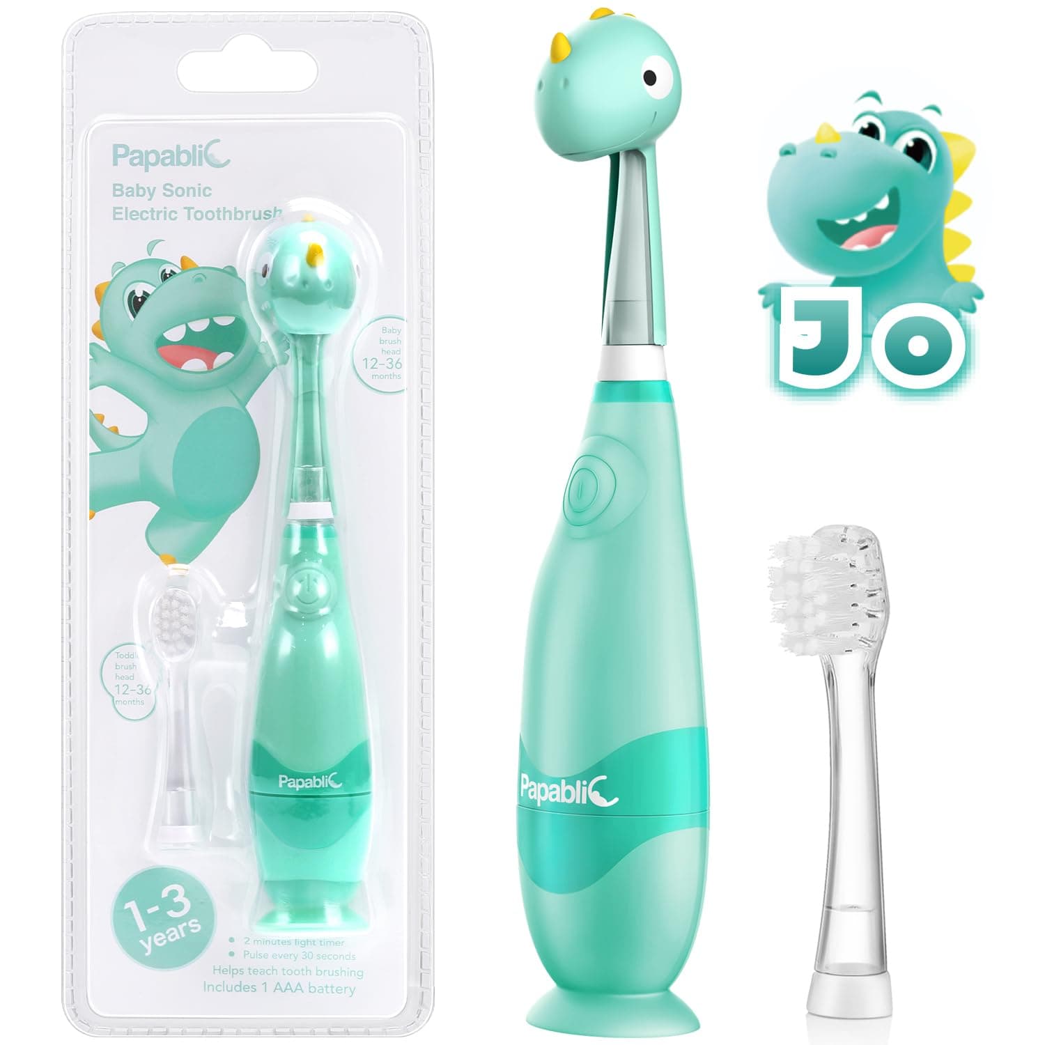 Papablic Toddler Sonic Electric Toothbrush Kids for Ages 1-3 Years, Baby Electric Toothbrush with Cute Dino Cover and Smart LED Timer, 2 Brush Heads (Jo)