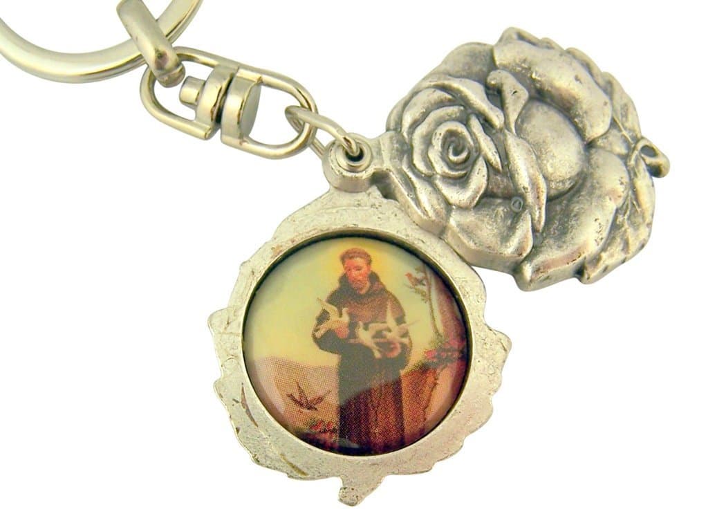 Religious Gifts Silver Tone Saint Francis with St Anthony Sliding Rosebud Medal Key Chain, 1 3/4 Inch