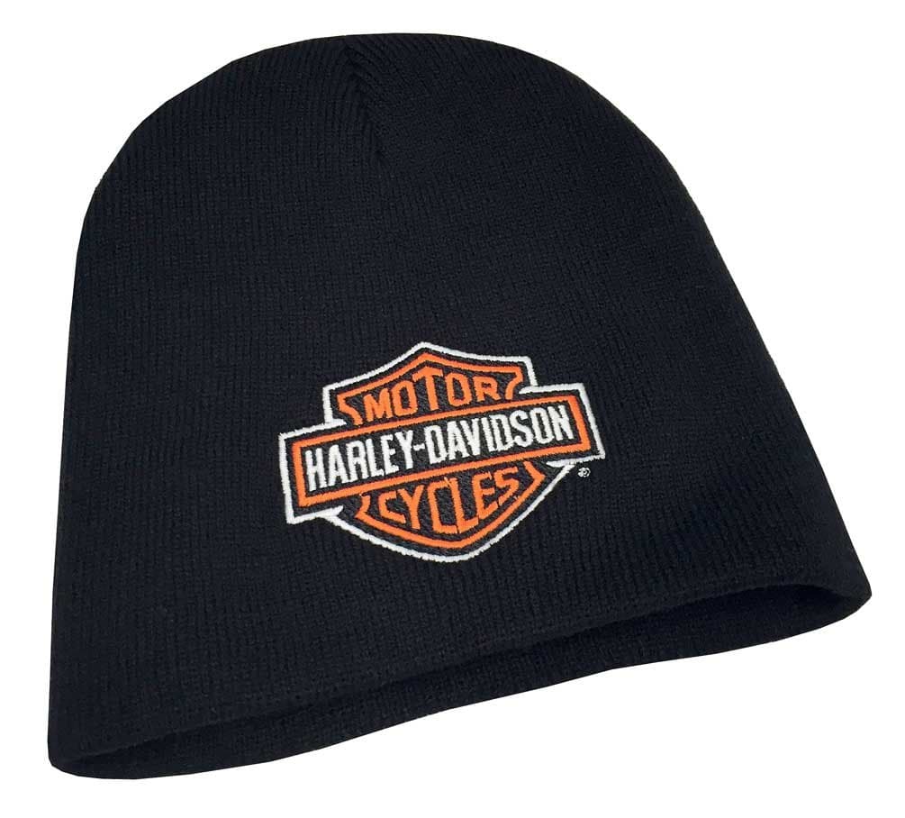 Harley-Davidson Mens Embroidered Bar & Shield Knit Beanie Cap, Black Hat, Black