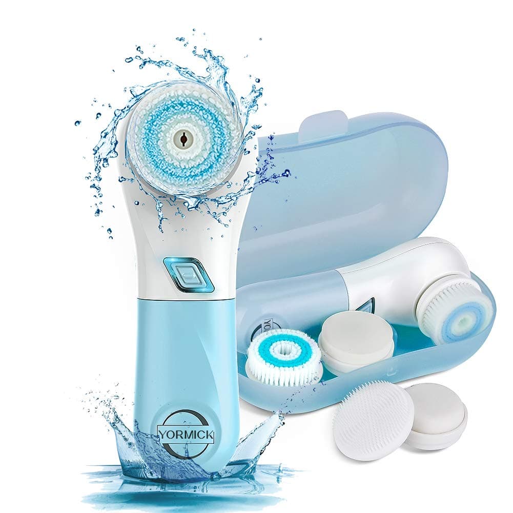 Facial Brush, YORMICK Waterproof Electric Facial Cleansing Spin Brush Set with 5 Rotating Brush Heads, Gentle Exfoliating and Removing Blackhead Face Scrubber with Travel Case (Blue)