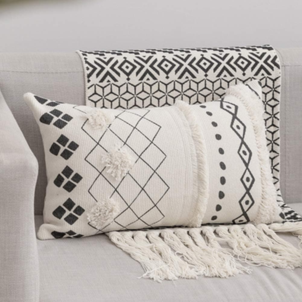Black Cream Throw Pillow, Boho Lumbar Pillow with Tassels, Rectangle Pillow for Bed Bedroom Living Room Sofa Couch 12"x20" Without Filler