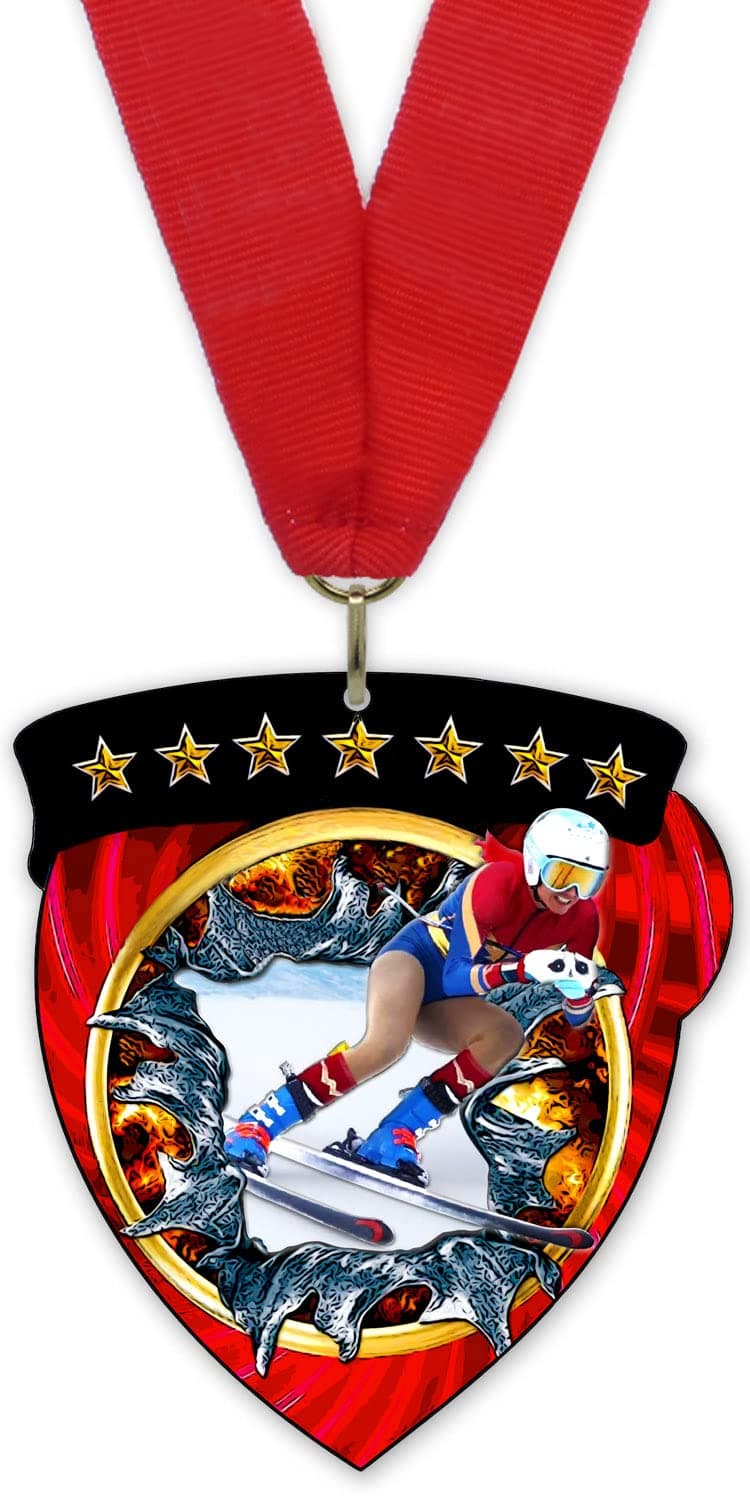 Emblemarket - Metal Medal with Magnet - Ski - Women - Included Ribbon of Your Choice